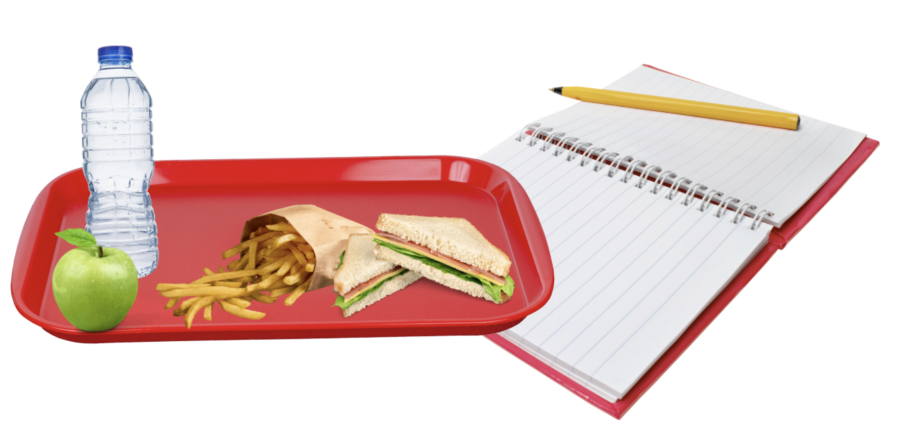 school lunch tray with notebook