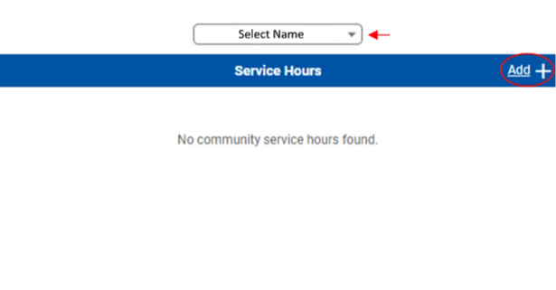 Select the family member's name from the drop-down list who is logging in the hours. Then click "Add" in the Service Hours area.