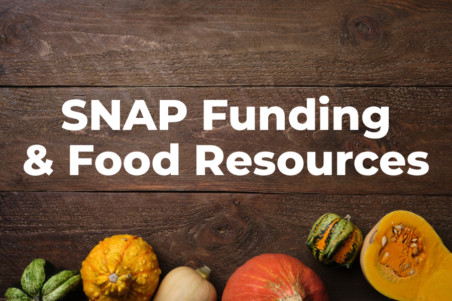 Text "SNAP Funding & Food Resources" on a wooden background with assorted gourds and squash.