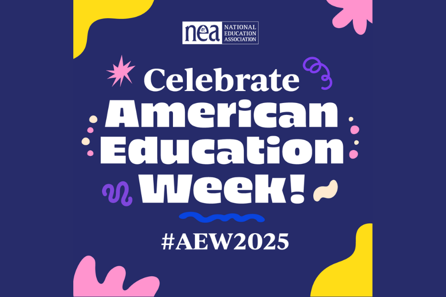 Dark blue graphic with white text: "Celebrate American Education Week!" and "#AEW2025". Decorated with colorful abstract shapes.