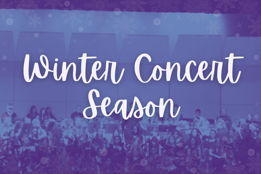 "Winter Concert Season" text over a purple-toned image of a musical group on stage with snowflake designs.