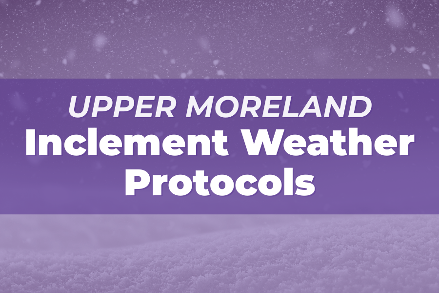 Purple-toned snowy scene with text about inclement weather protocols.