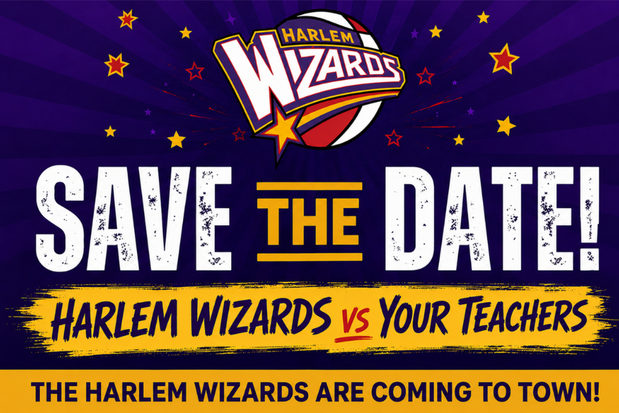 Promotional poster announcing a Harlem Wizards game against teachers, with a “Save the Date!” message and a basketball-themed logo.