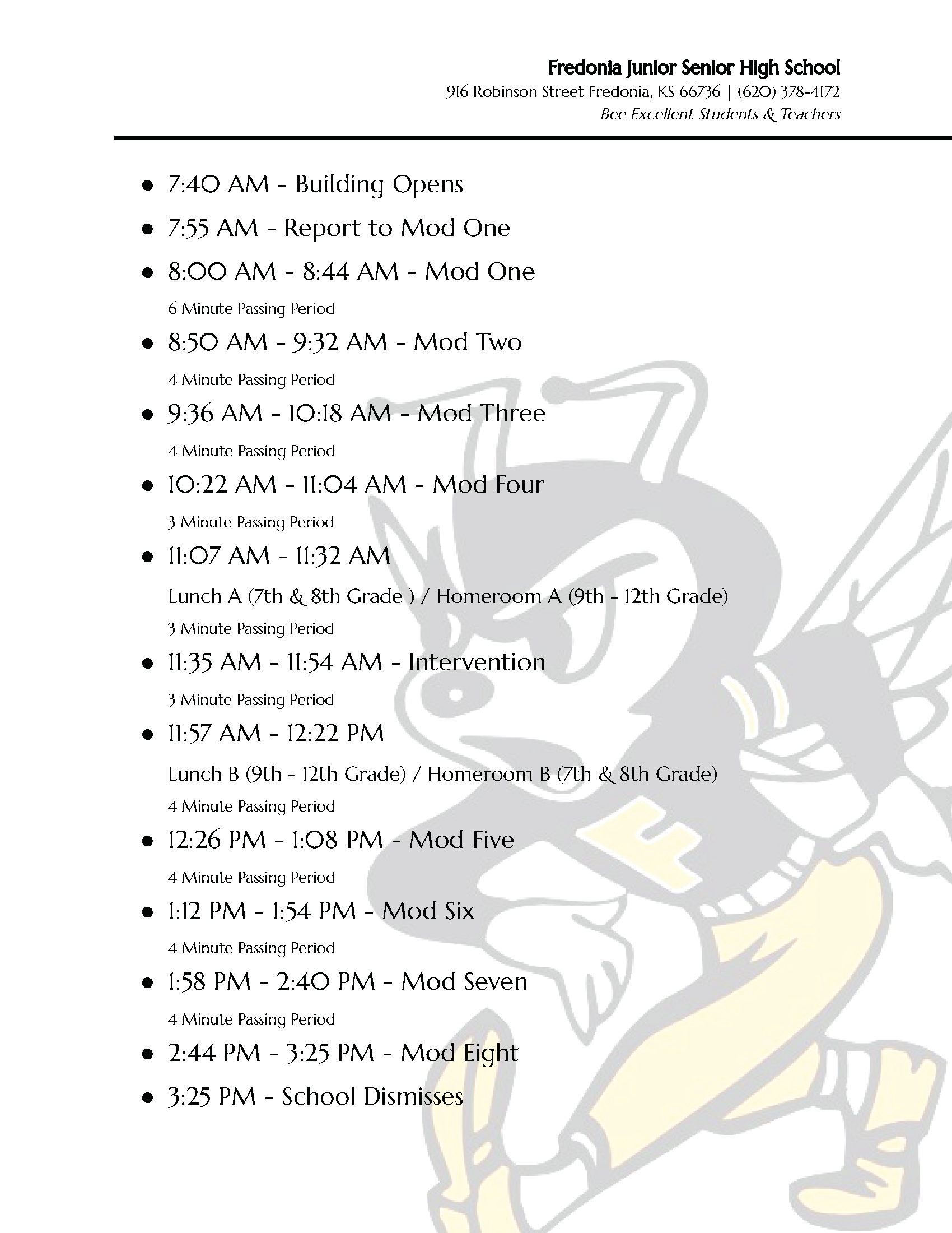 Bell Schedule Fredonia School District