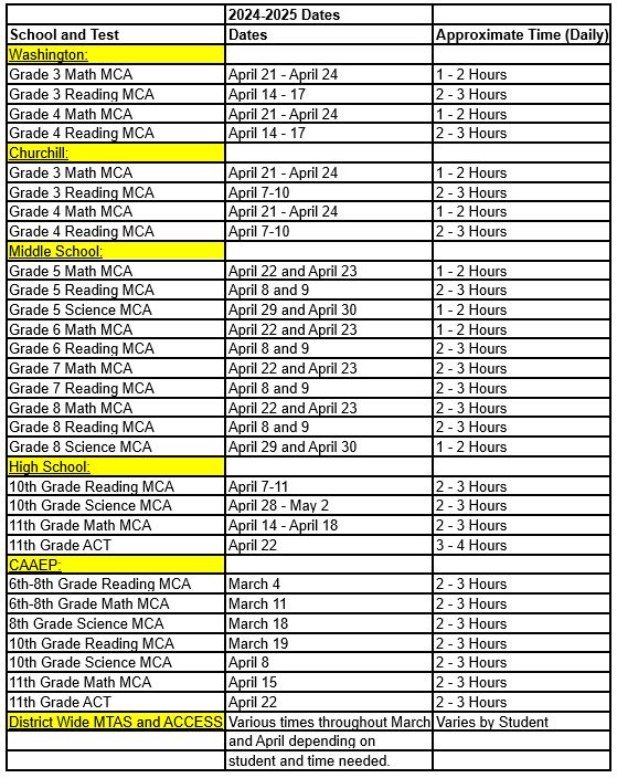 24-25 Testing Schedule