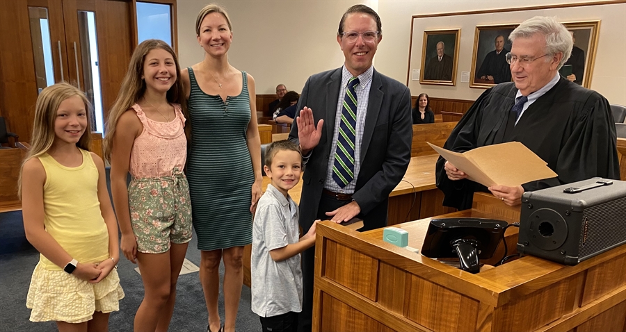 President Judge Wallace H. Bateman Jr., at right, presided over the swearing-in of Dr. Matthew Friedman at the Bucks County Justice Center. He is standing next to Dr. Friedman and his family, son Ethan, wife Rebecca, and daughters Hannah and Rachel.