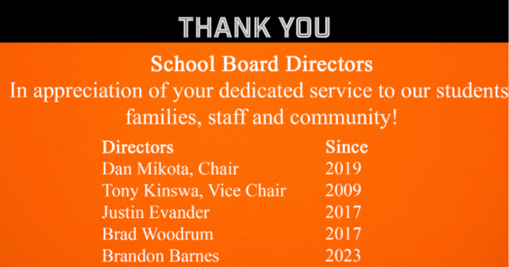 A poster thanking the Napavine School Board for their years of service to the district and community. It recognizes Dan Mikota, Tony Kinswa, Justin Evander, Brad Woodrum and Brandon Barnes