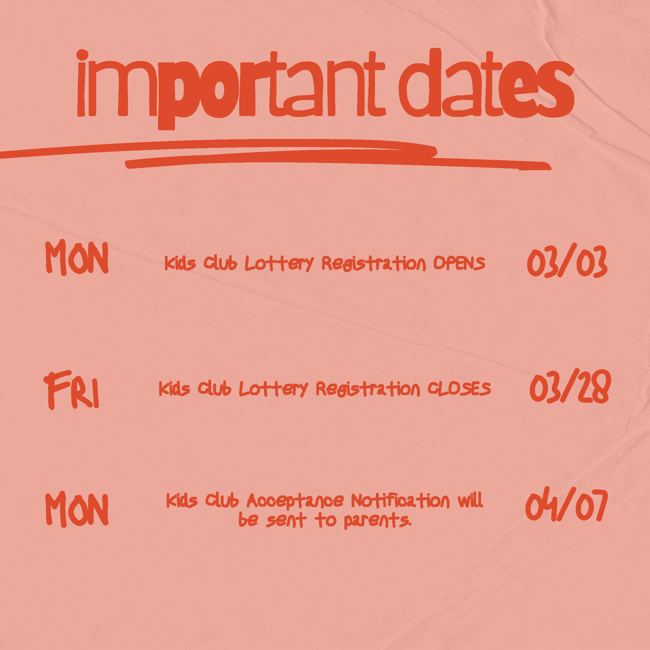 Kids Club Important Dates