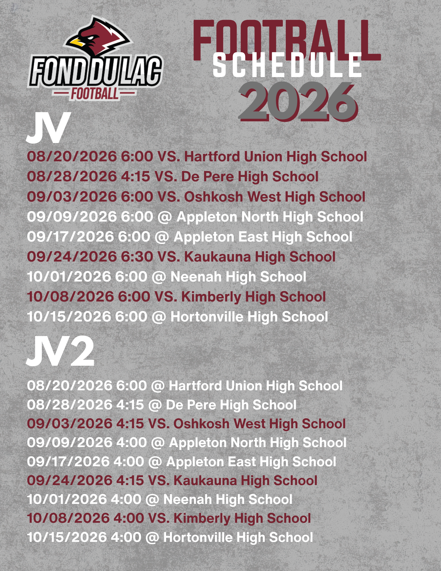 JV1 JV2 Football Schedule