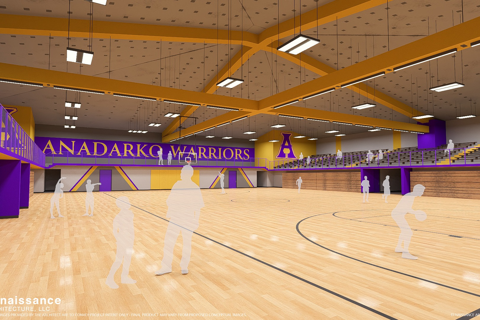 Rendering of renovated gym, showcasing new lighting and fresh paint