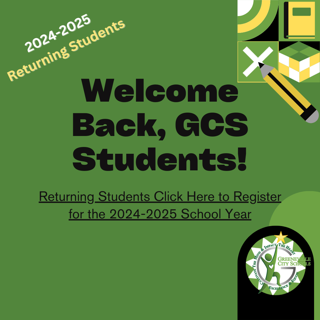 welcome back students. click here to register for the 2024-2025 academic year. image of pencil, gcs logo and circle