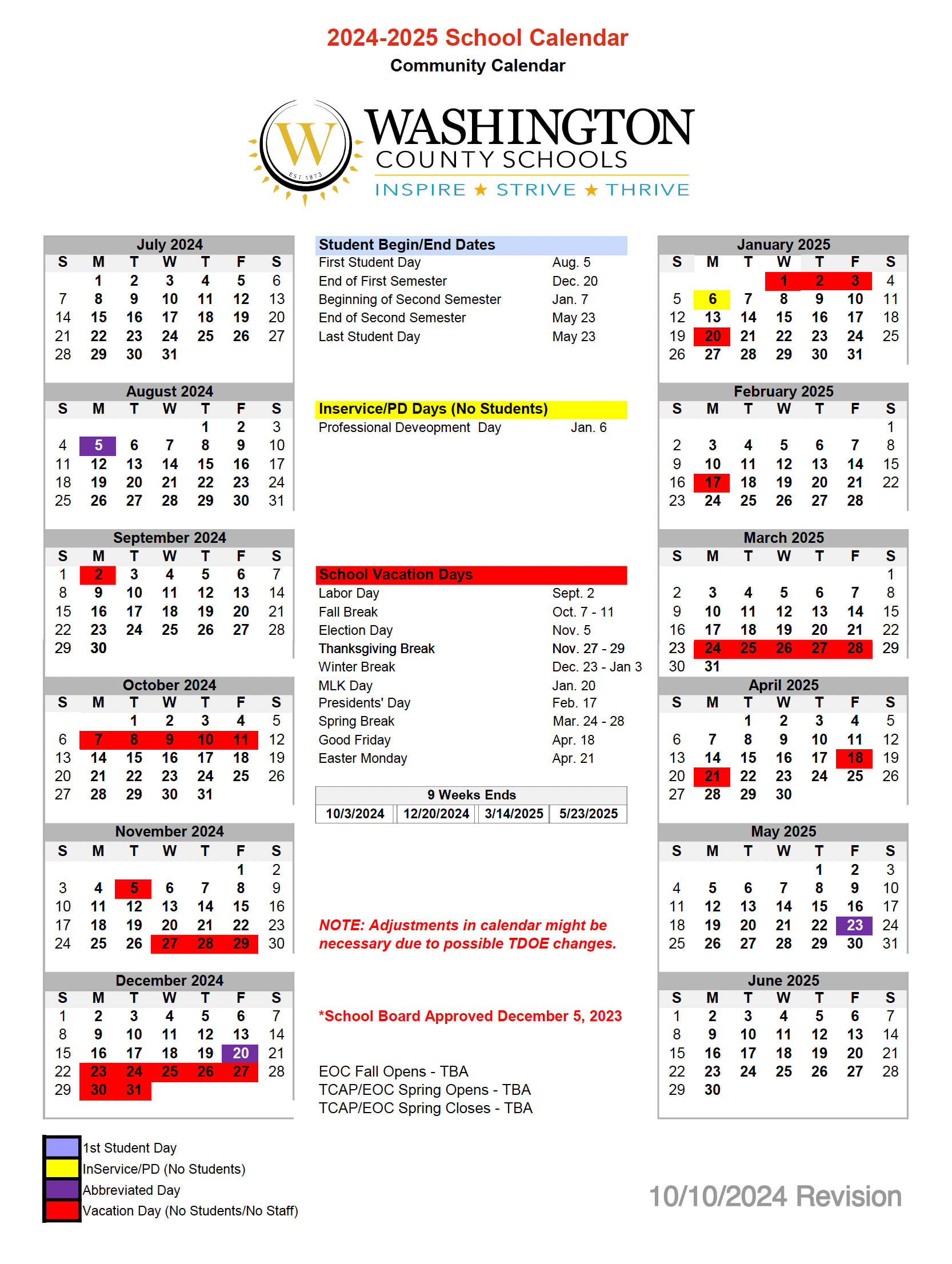 Revised 2024-25 calendar