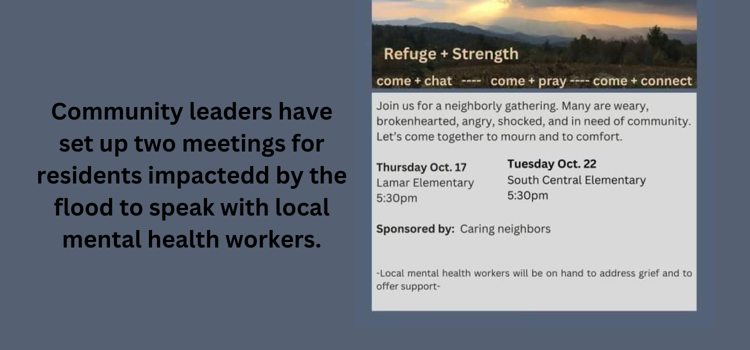 Community leaders set up two meetings for residents impacted by the flood to speak with local mental health workers.