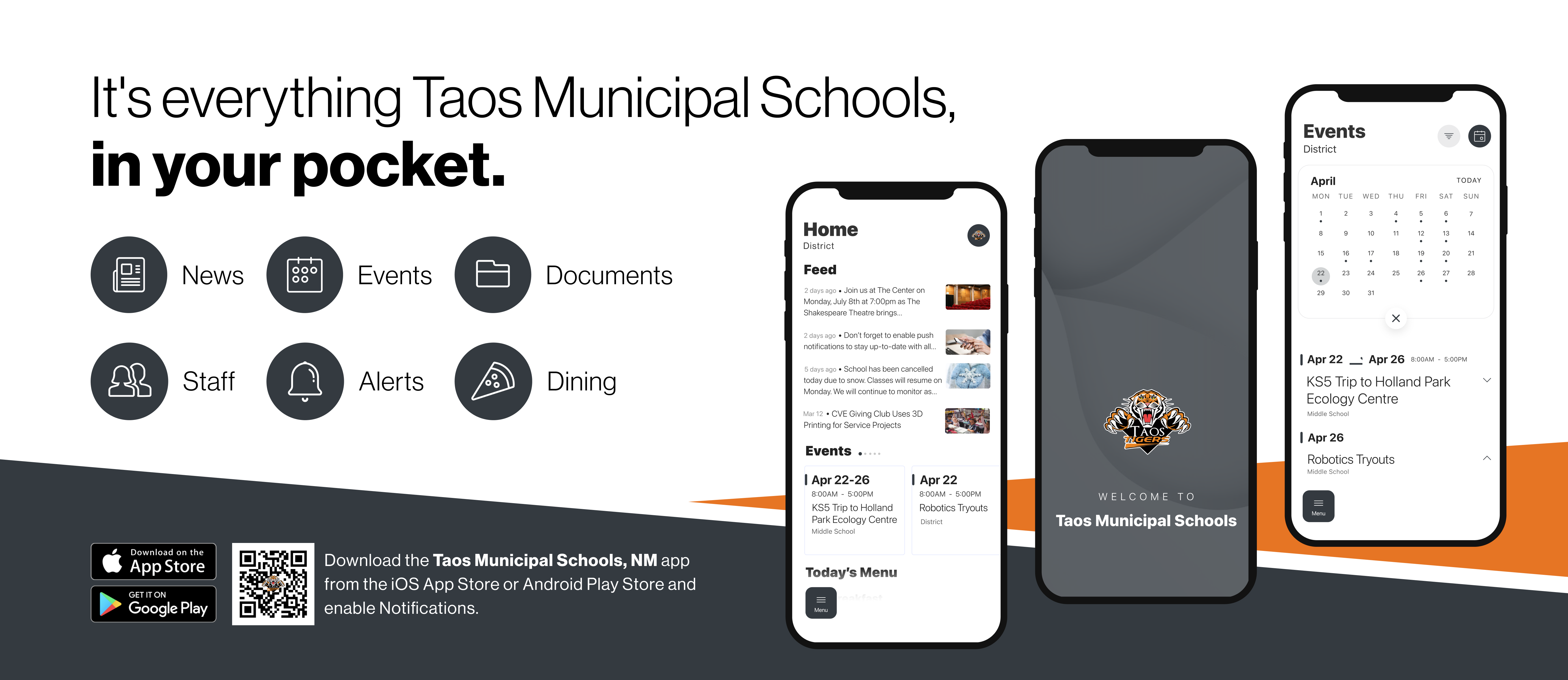 a graphic for the new Taos Municipal Schools mobile app! It's everything Taos Municipal Schools in your pocket. There's a QR code for download in the lower left