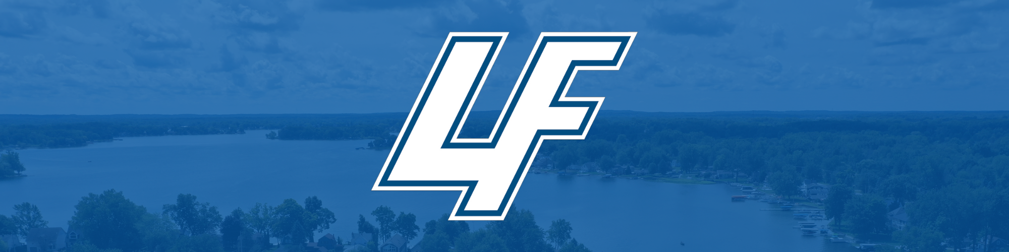 drone photo of Lake Fenton water with school's L.F. logo over it