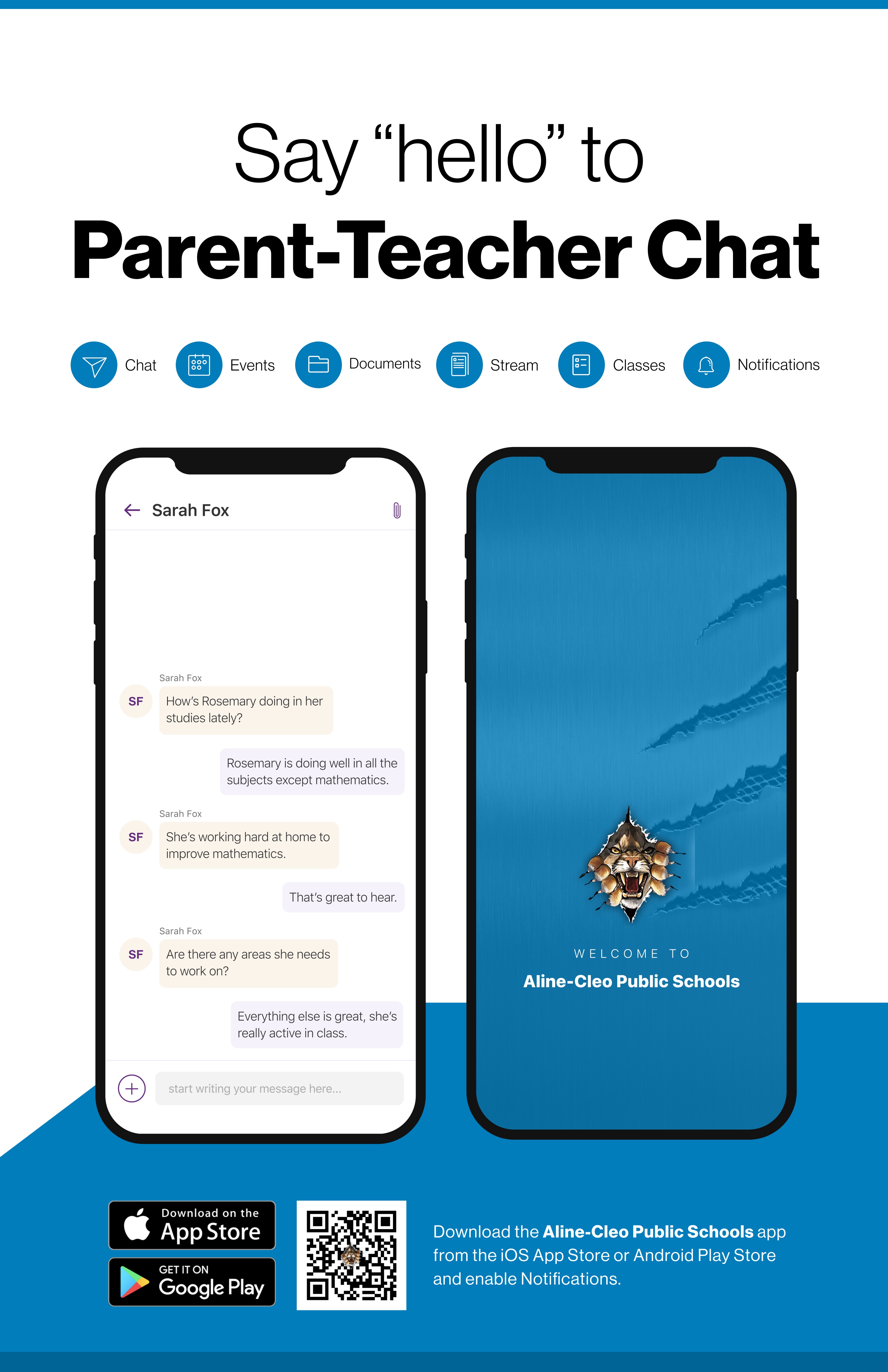 Say hello to Parent-Teacher chat in the new Rooms app. Download the Aline-Cleo Public Schools app in the Google Play or Apple App store.