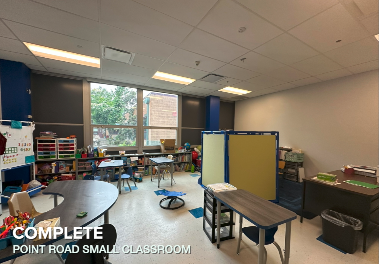 overview of small classroom with desks and materials