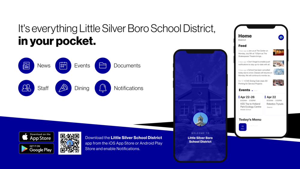 photo of smart phones showcasing the little silver boro school district app featuring a QR code