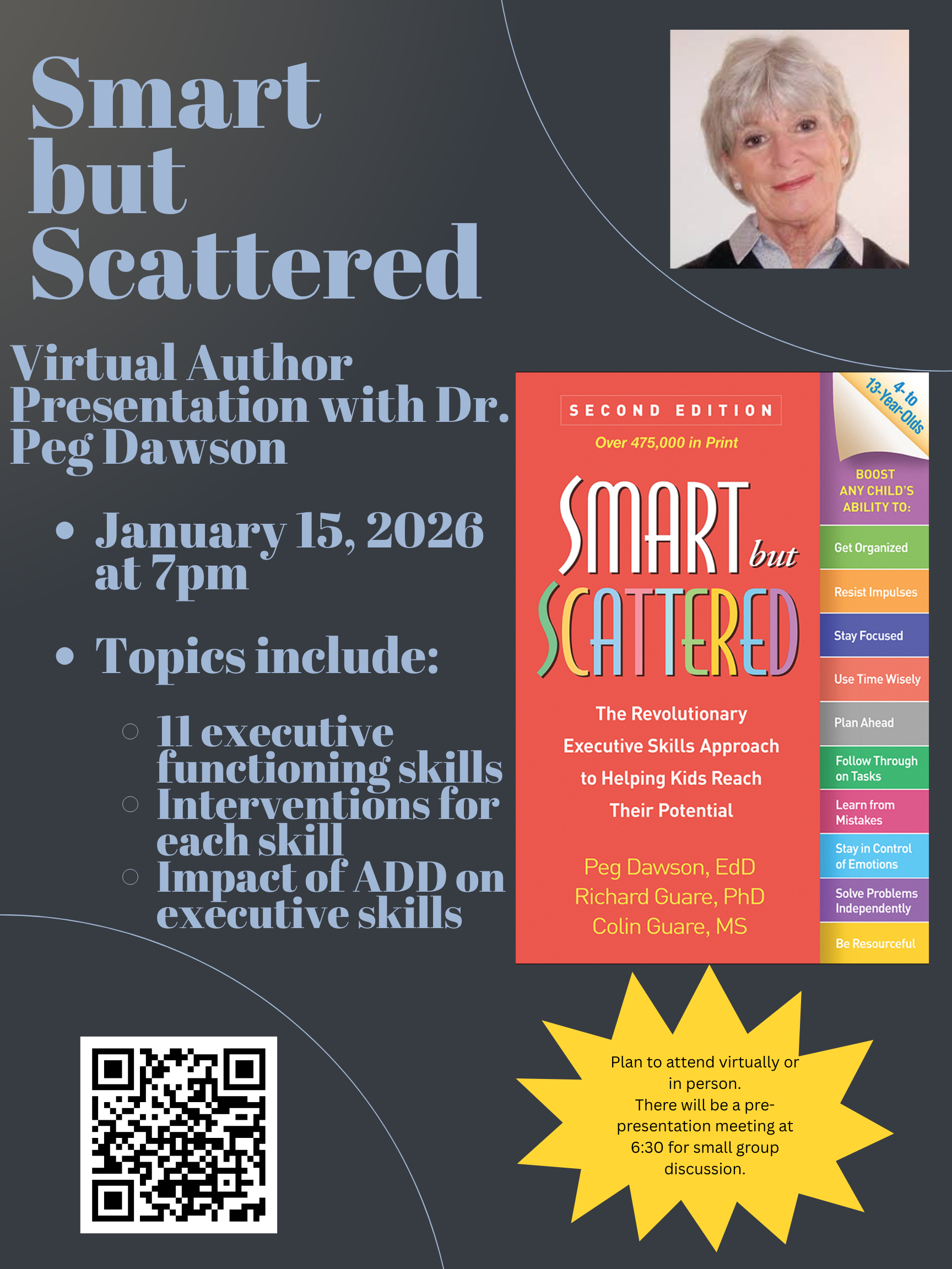 virtual author visit poster for 1/15/26 with Dr. Peg Dawson