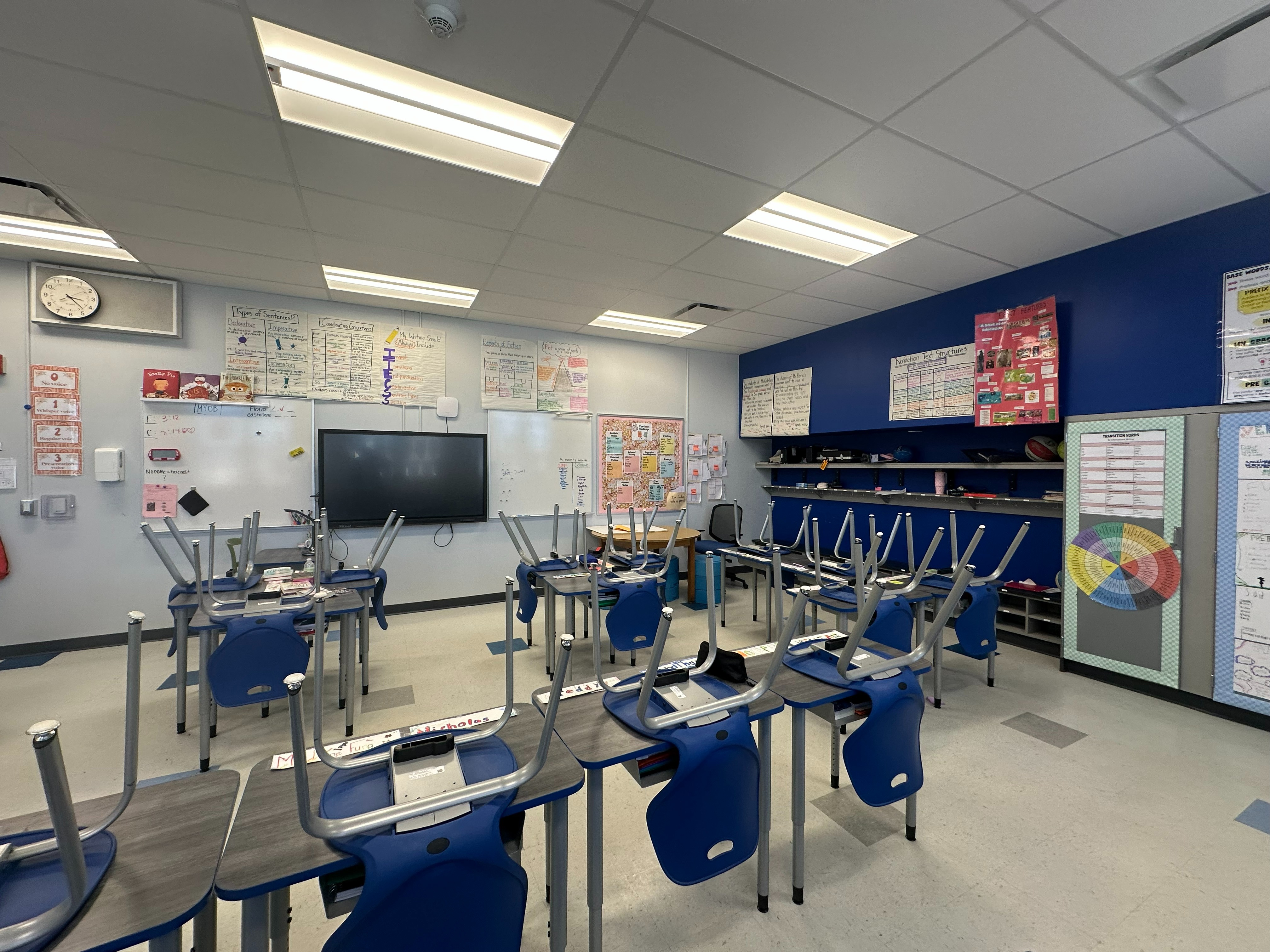 5th grade classroom with desks, chairs, and tv