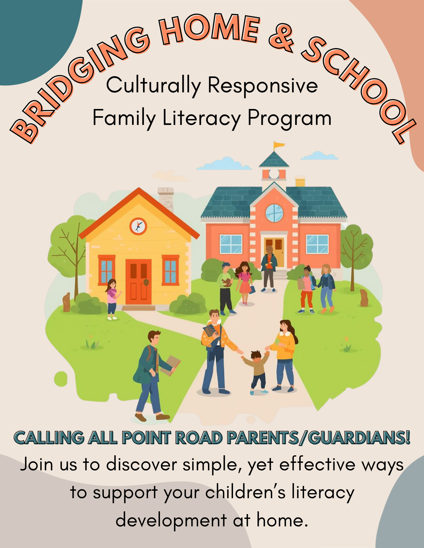flyer for the point road family literacy program featuring cartoon people walking out of cartoon buildings onto a path
