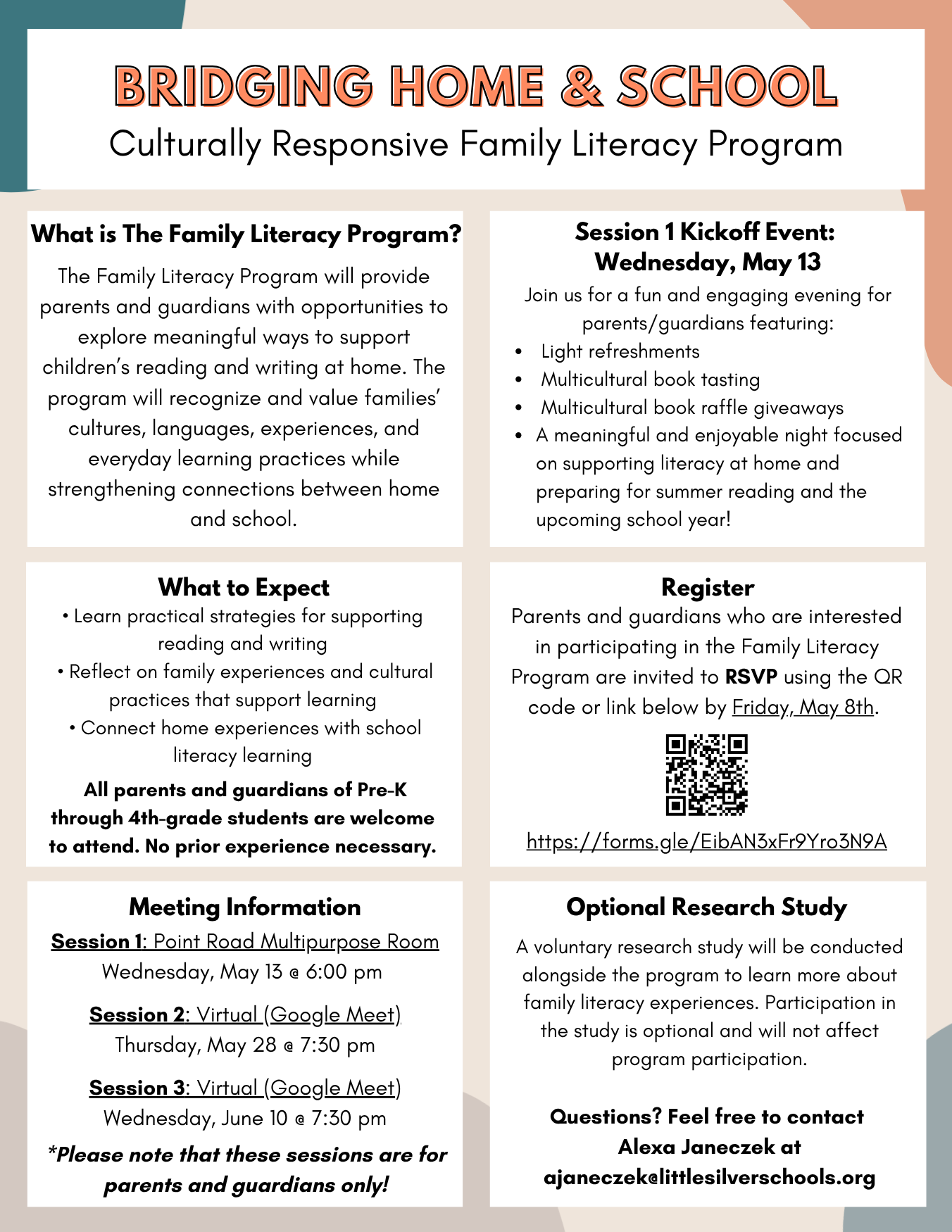 informational flyer for the point road family literacy program