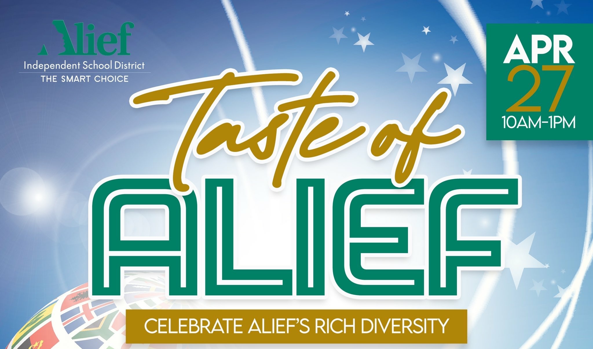 Join us for Taste of Alief! Sample, savor, and stroll through a celebration of our vibrant community's diversity at Crump Stadium on Saturday, April 27, from 10 am to 1 pm. Don't miss out on the delicious food and fantastic music! #TasteOfAlief