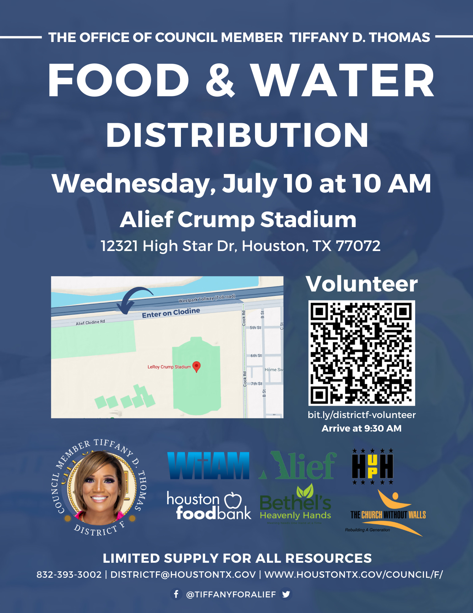 Food & Water Distribution Wednesday, July 10th, 10 am Alief Crump Stadium  12321 High Star Dr. Houston TX 77072 from the office of council member Tiffany D Thomas