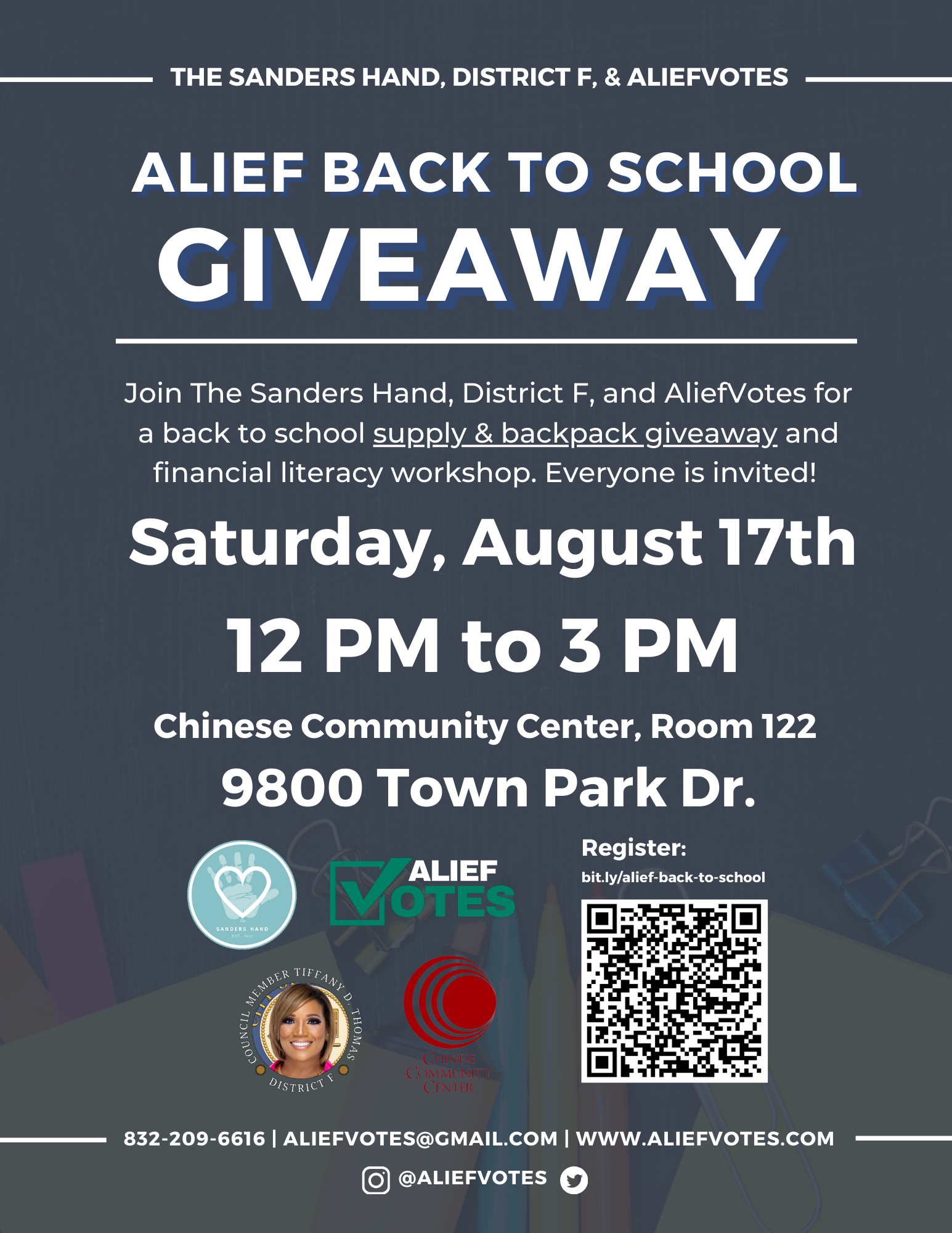 Join District F, The Sanders Hand, and AliefVotes for a back-to-school supply & backpack giveaway and financial literacy workshop. Everyone is invited! Saturday, August 17th, from 12 PM to 3 PM at the Chinese Community Center! Register at bit.ly/alief-back-to-school  Location: 9800 Town Park Dr, Houston, TX 77036