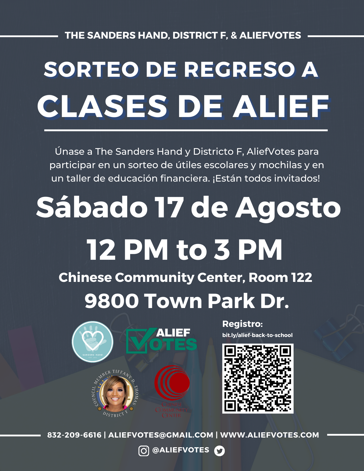 Únase a The Sanders Hand y AliefVotes para una entrega de útiles escolares y mochilas, y un taller de educación financiera. ¡Todos están invitados! Sábado 17 de agosto de 12 PM a 3 PM en el Centro Comunitario Chino. Registrado a bit.ly/alief-back-to-school