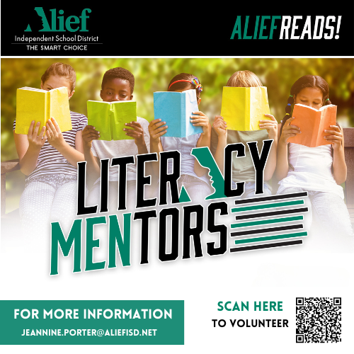 Alief ISD Literacy Mentors, Scan the QR code to Volunteer, Contact jeannine.porter@aliefisd.net for more information