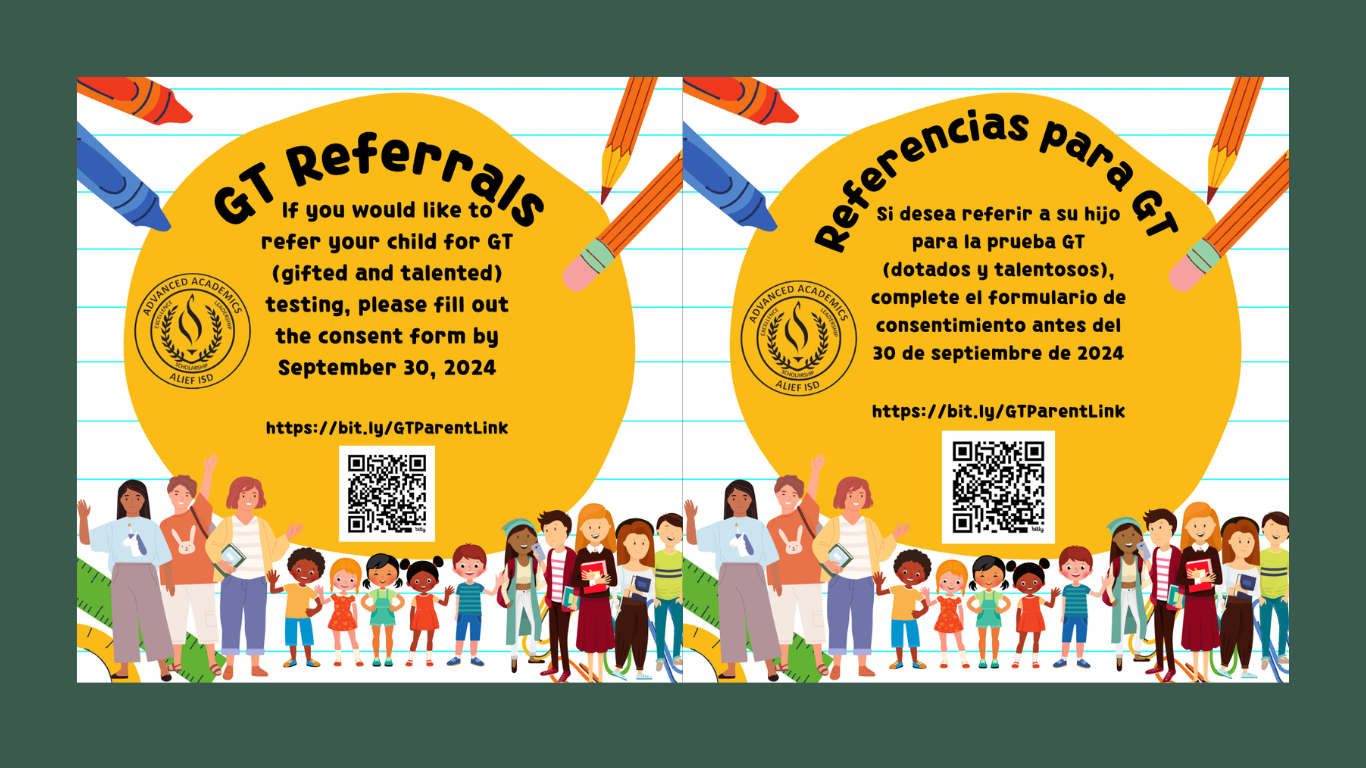 Gt Referrals: if you would like to refer your child for GT (gifted and talented) testing, please fill out the consent form  by September 30th, 2024 https://bit.ly/GTParentLink; References para GT Is desea referrer a su hilo para la prueba GT (dotadoes y talentosos, complete el formulation de consentimeiento antes del 30 de septiembre de 2024: https://bitly/GTParentLink