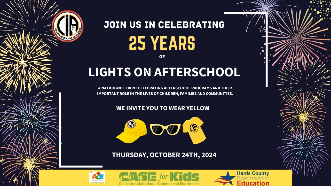 Lights On 25 Years Celebration Children Interacting Afterschool Thursday, October 24th, 2024. Wear Yellow for Lights On to support our CIA Department