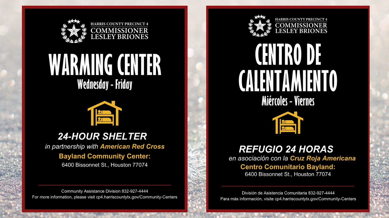 Warming Center Wednesday-Friday 24 Hour Shelter in partnership | Refugio Warming Center abierto las 24 horas de miércoles a viernes en asociación con la Cruz Roja Estadounidense Bayland Community Center 6400 Bissonnet St., Houston 77074with American Red Cross Bayland Community Center 6400 Bissonnet St., Houston 77074