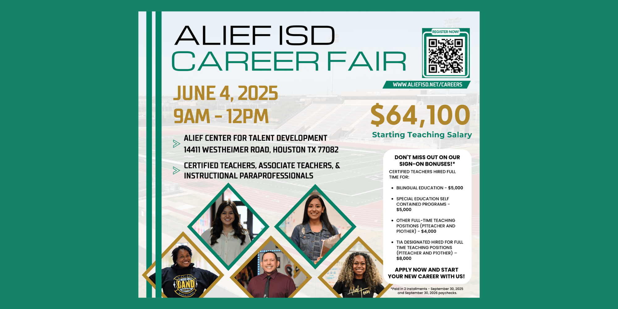 Join our Alief ISD family! We are looking for Certified Teachers, Associate Teachers, and Paraprofessionals!   Don't miss out on SIGN-ON BONUSES**      $5,000 Certified Bilingual Teaches Full-Time    $5,000 Certified Special Education Self-Contained    $4,000 Certified Teacher (P1 Teacher or P1 Other)    $8,000 TIA Designated (P1 Teacher or P1 Other)   APPLY NOW AND START BUILD A NEW FUTURE IN ALIEF ISD