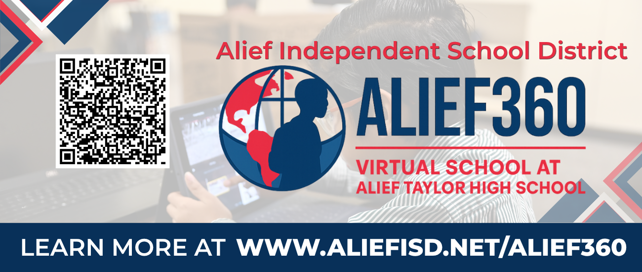 An advertisement with blue, red, and white background. A logo reads "Alief 360 Virtual School at Alief Taylor High School."