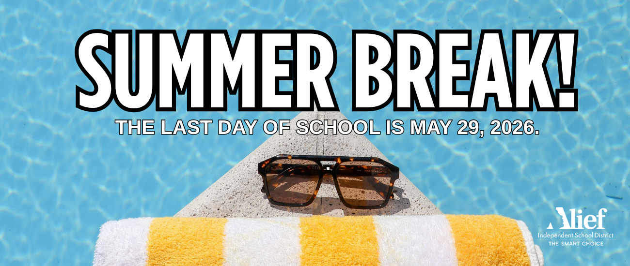 Blue background with a swimming pool, towel, and sunglasses. Text reads: "Summer Break! The last day of school is May 29, 2026."