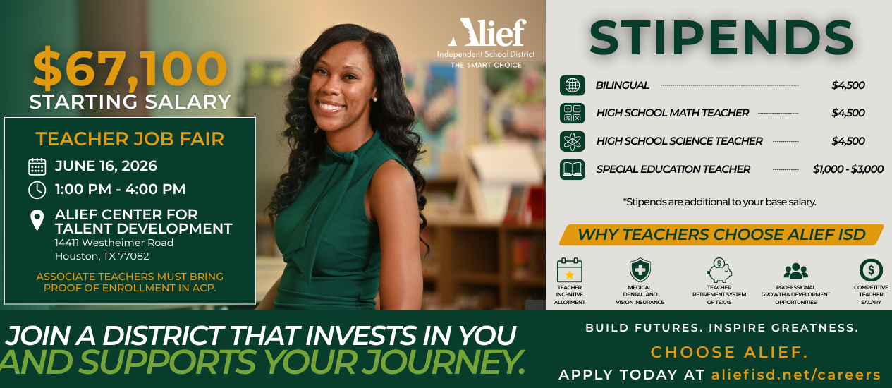 A flyer with green text on a white background. It shows a smiling woman and information about a job fair.