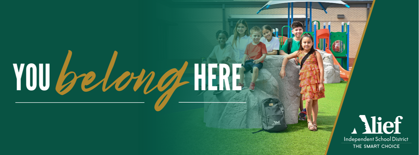 Advertisement with green background. Text reads, "You belong here." A group of children are standing in front of a playground.