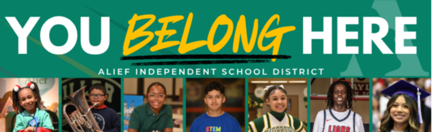 Text "You Belong Here" on a green background. Below, photos of smiling students in diverse settings.