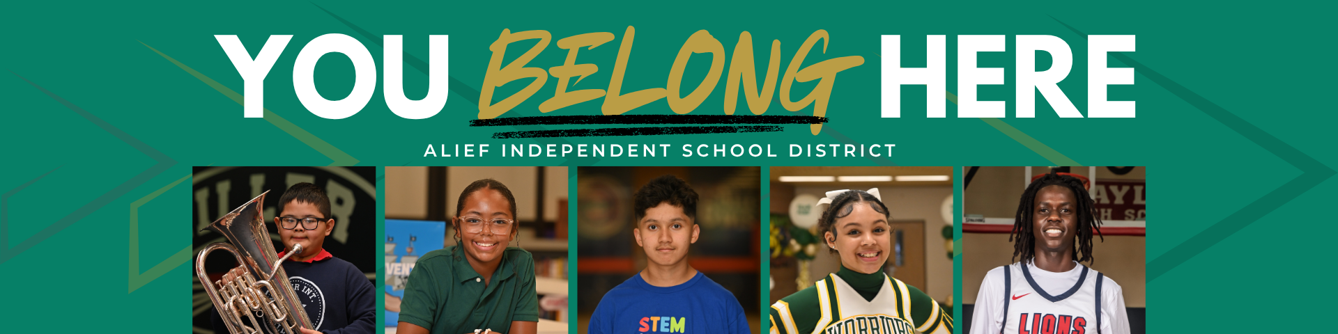 A poster with "You Belong Here" in bold. Four smiling individuals, two boys and two girls, are featured below.