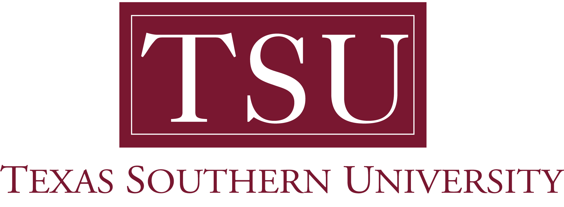 Logo for Texas Southern University in maroon and white with "TSU" in white on a maroon rectangle.