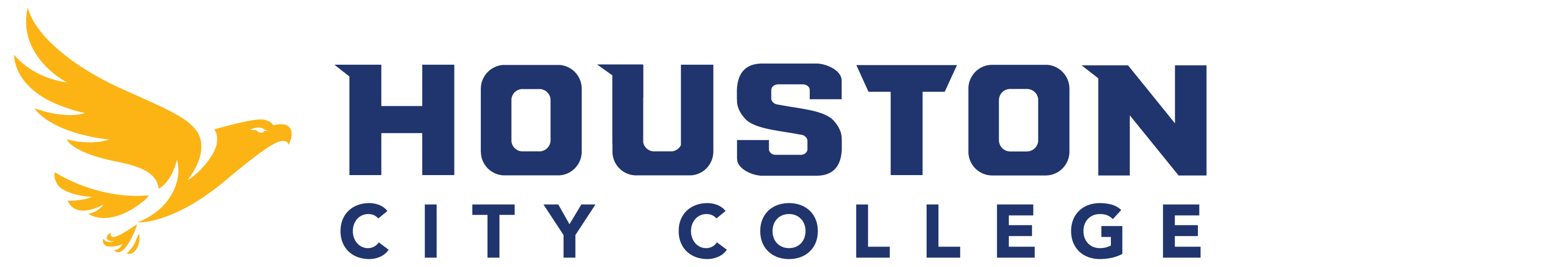 A black background displays "HOUSTON CITY COLLEGE" in blue font with a yellow bird silhouette on the left.