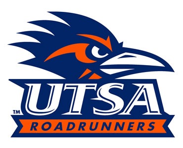 The UTSA Roadrunners logo displays a stylized blue and orange bird with a white beak. Below the bird, the word "UTSA" is written in bold white letters.
