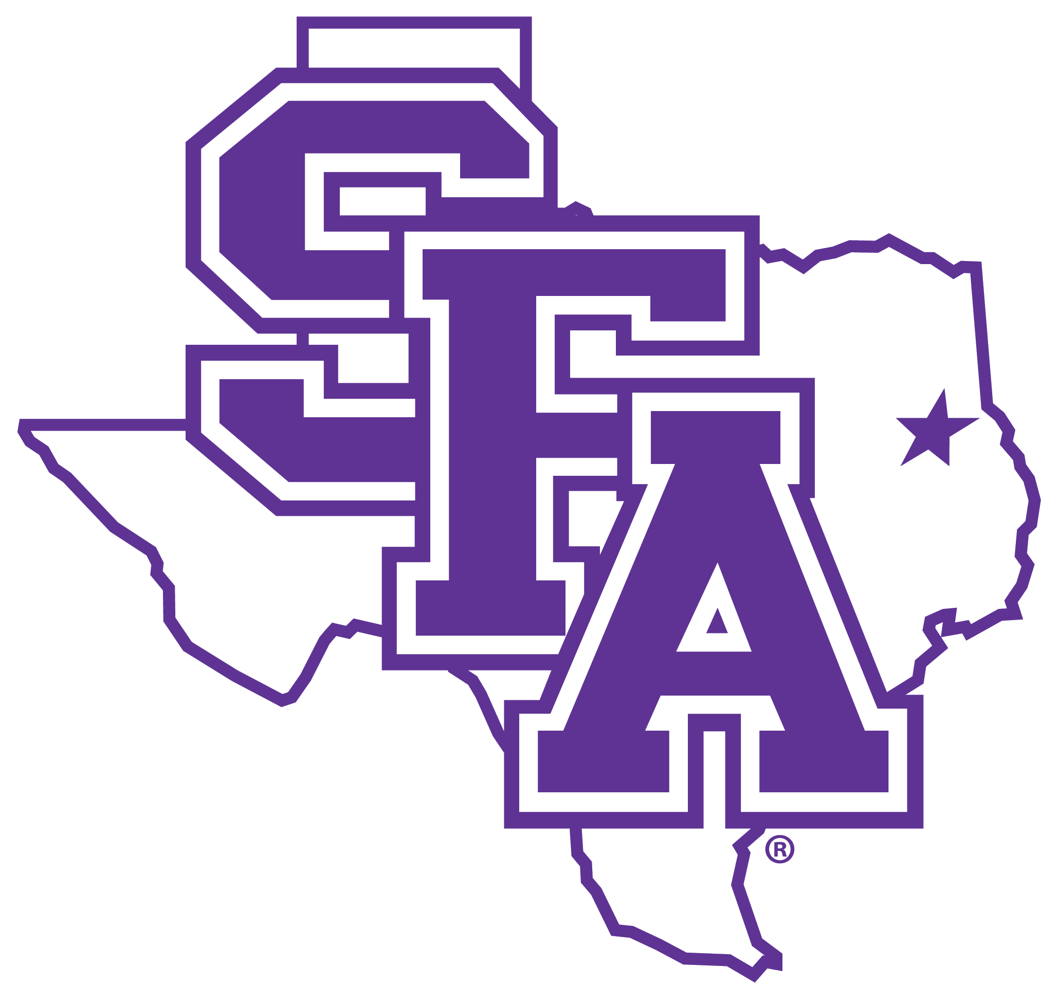 A white outline of Texas with the letters SFA in purple on a black background. A purple star in the top right.