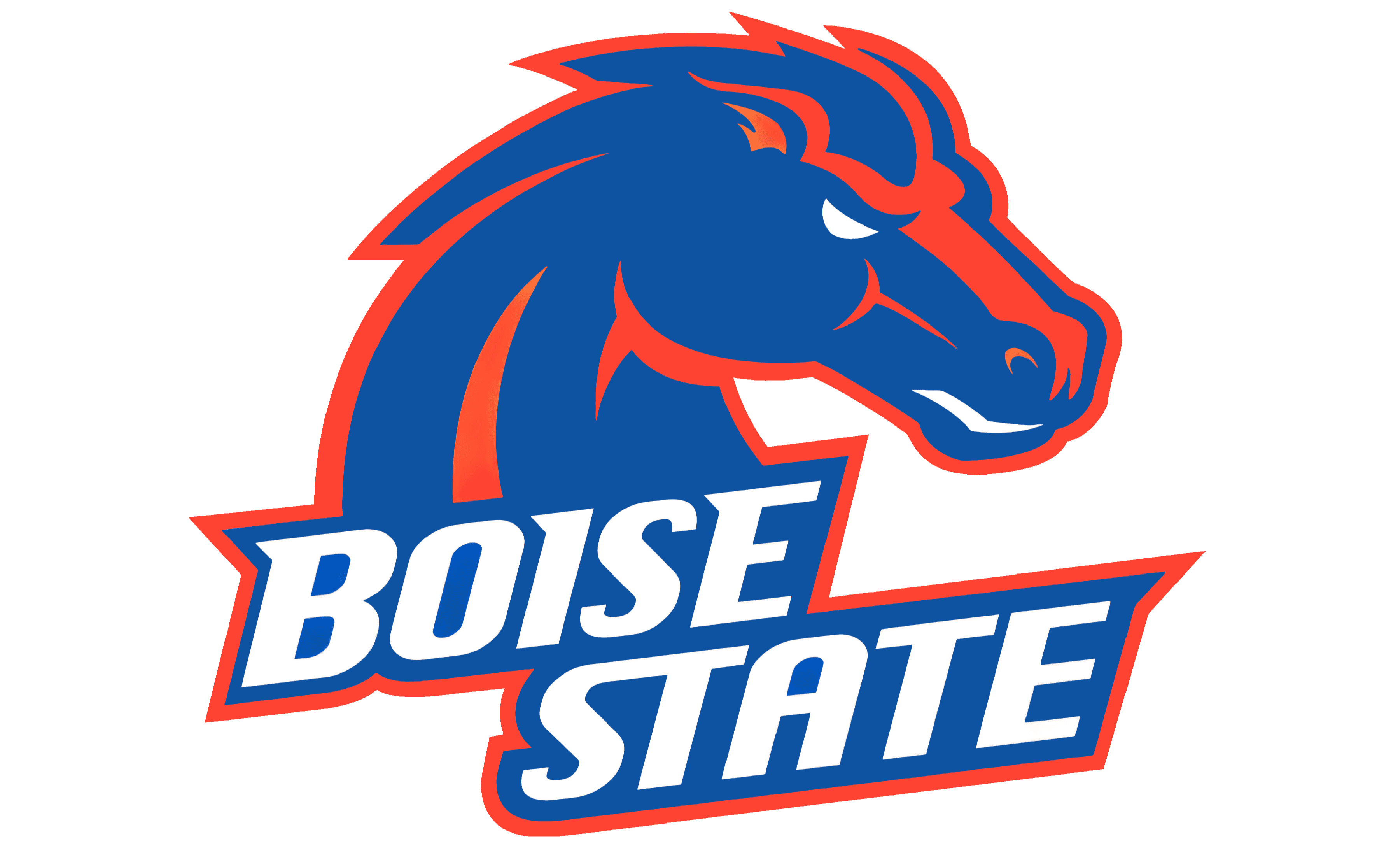 The Boise State logo features a blue horse head with red mane against a black background. "BOISE STATE" is written in bold white letters below the horse.