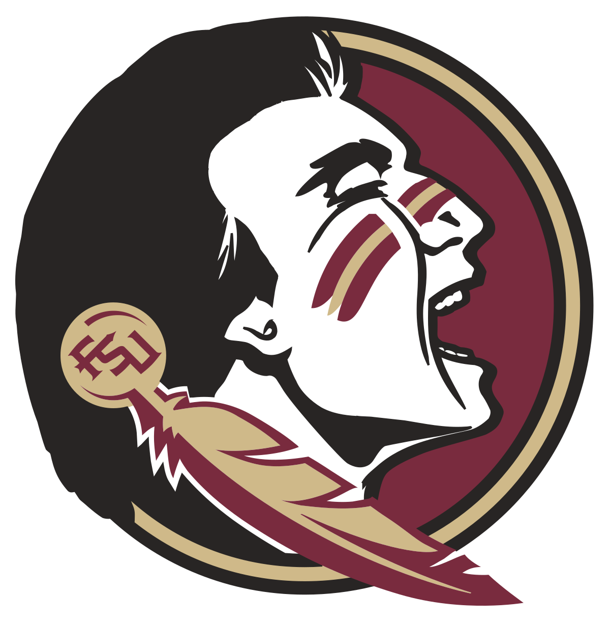 Face of mascot with face paint, gold earring, feather, and open mouth in red, white, and gold circular logo.