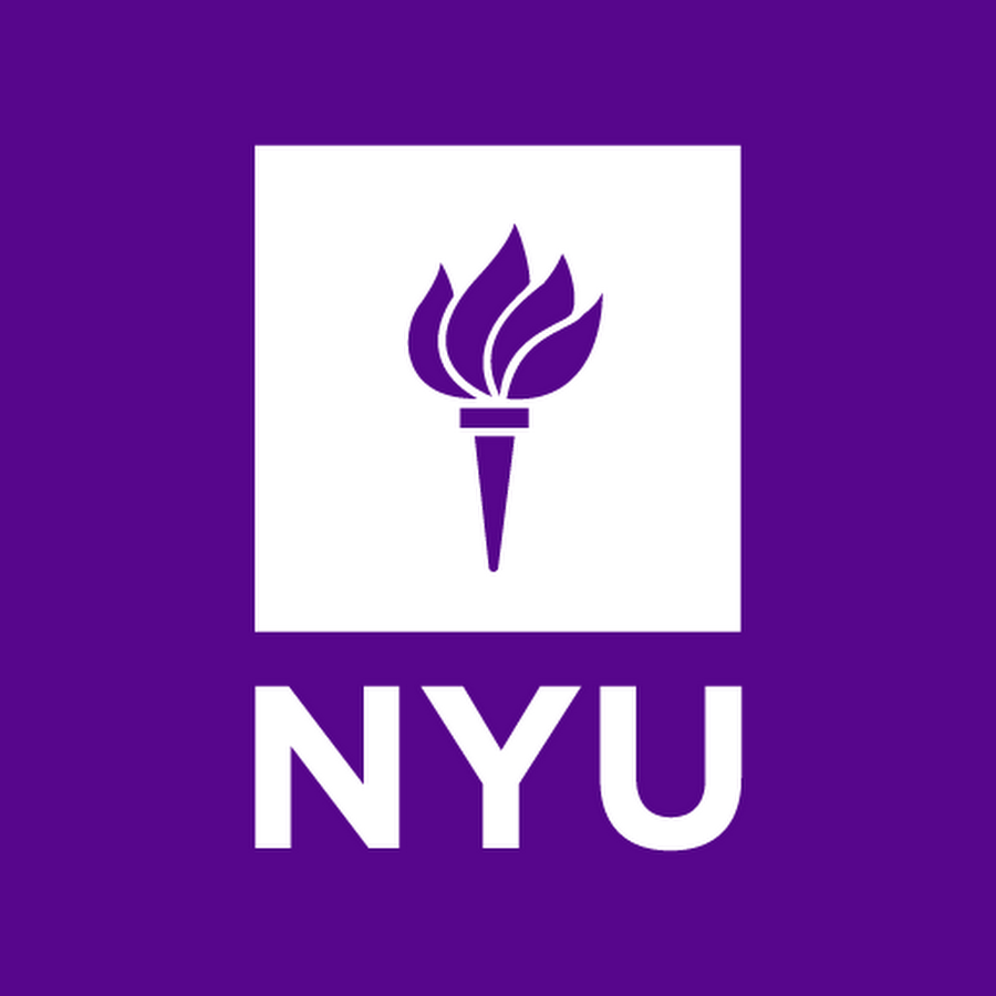 A purple background displays the NYU logo with a white square, containing a purple torch inside. Below it is the text "NYU".