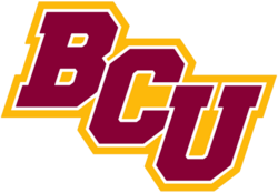 A logo featuring maroon and yellow colors, spelling out "BCU" in a stylized font. The design is set against a black background.