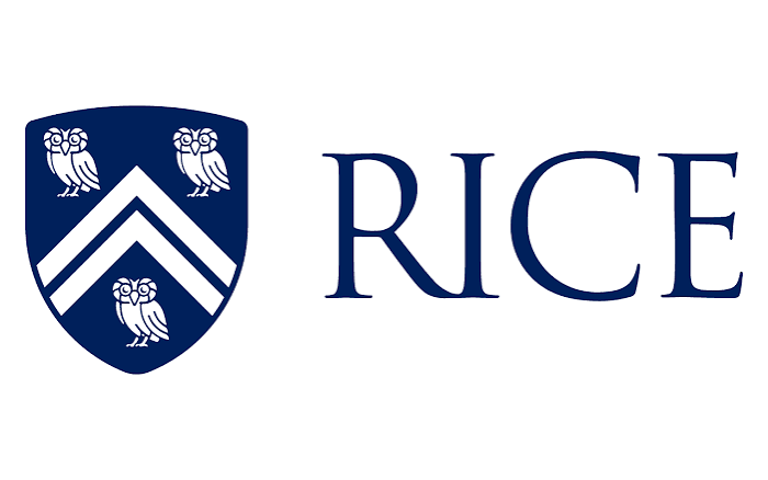 Blue shield with three owls, a triangle, and "RICE" in navy blue text, on a white background.